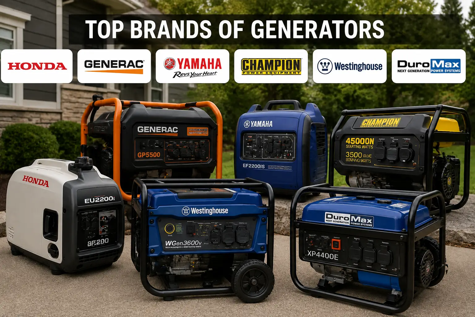 Popular brands of generators including Honda, Generac, Yamaha, Champion, Westinghouse, and DuroMax portable generators