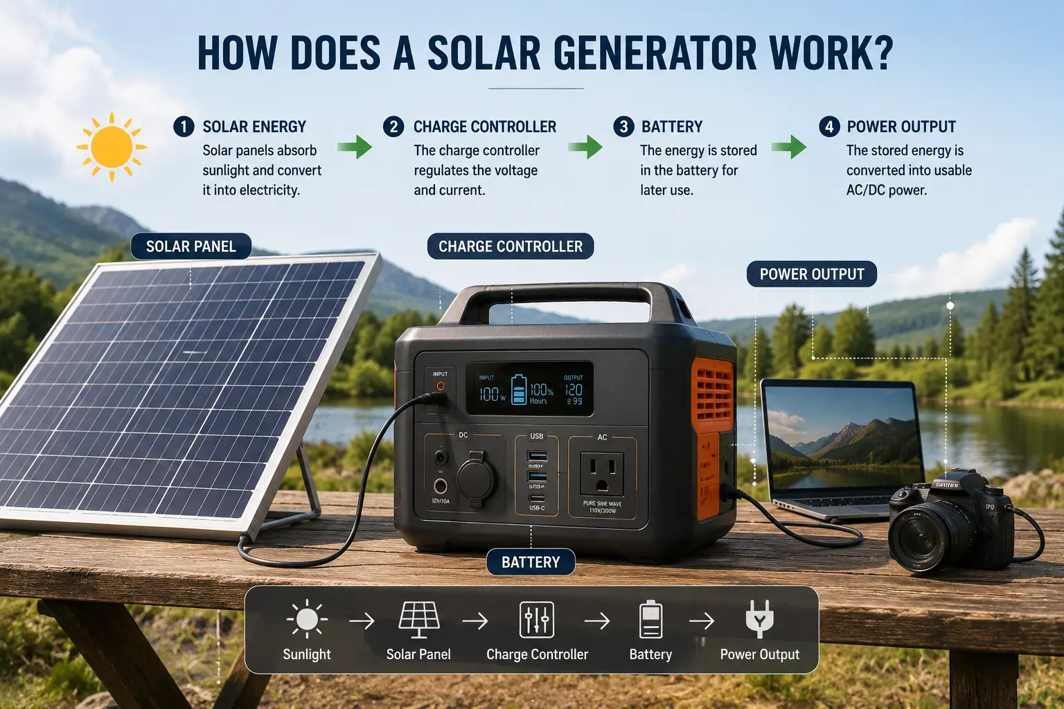 How does a solar generator work with solar panels, a charge controller, battery storage, and power output