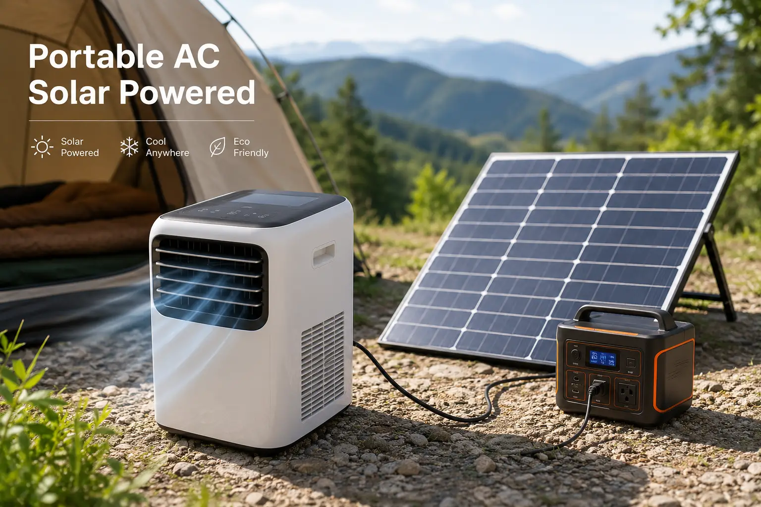 Portable AC running on solar power at an outdoor campsite with a solar panel and power station