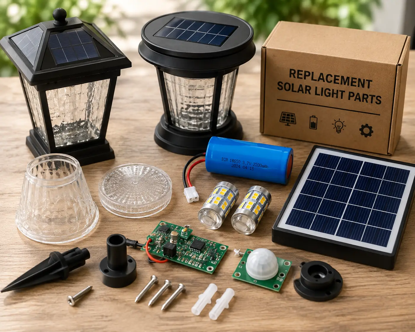 Replacement solar light parts including solar panels, LED bulbs, batteries, circuit boards, and light covers arranged on a workbench