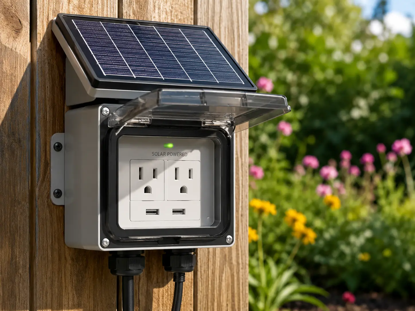 Solar electrical outlet with a built-in solar panel mounted outdoors on a wooden fence for convenient off-grid power.