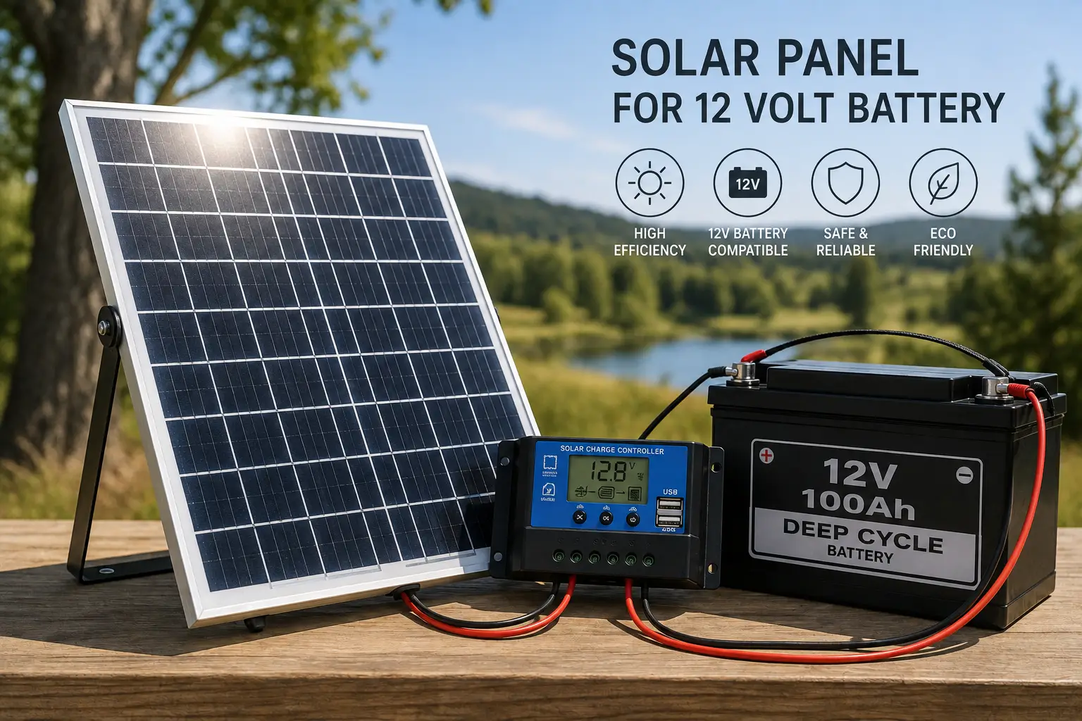 Solar panel connected to a 12 volt battery and charge controller in a sunny outdoor setting.