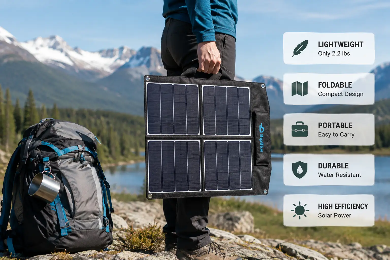 Solar panels lightweight design for portable outdoor power and easy transport