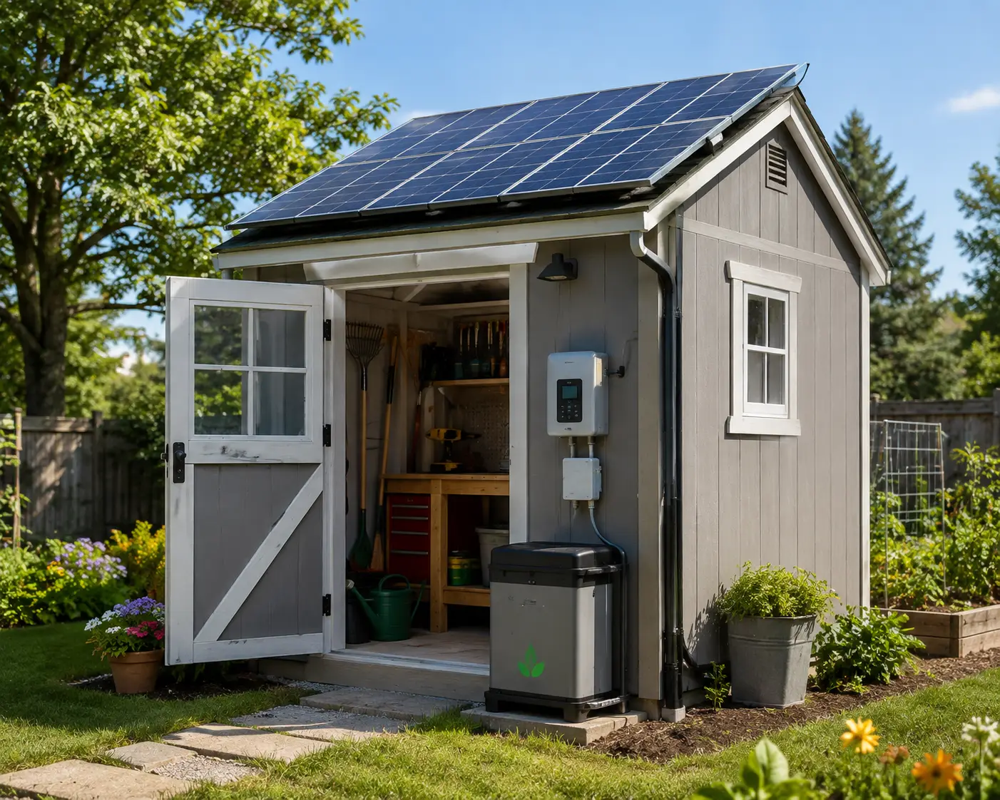 Solar shed with rooftop solar panels, battery storage, and a functional garden workshop in a sunny backyard.