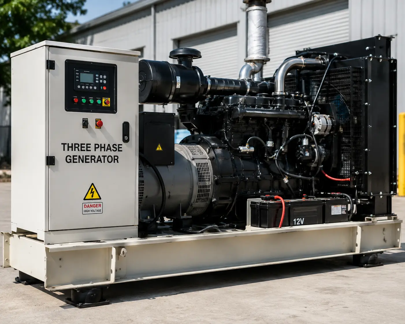 Heavy-duty three-phase generator with industrial control panel and engine outside a commercial facility