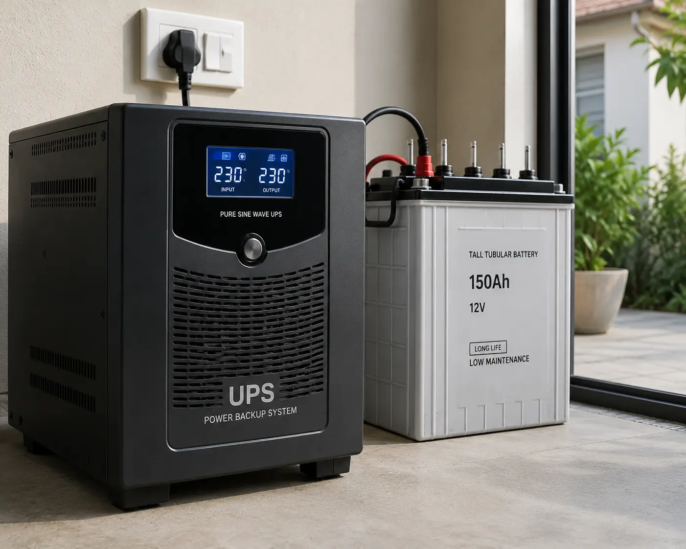 UPS generator power backup system with a connected battery for reliable home electricity during outages