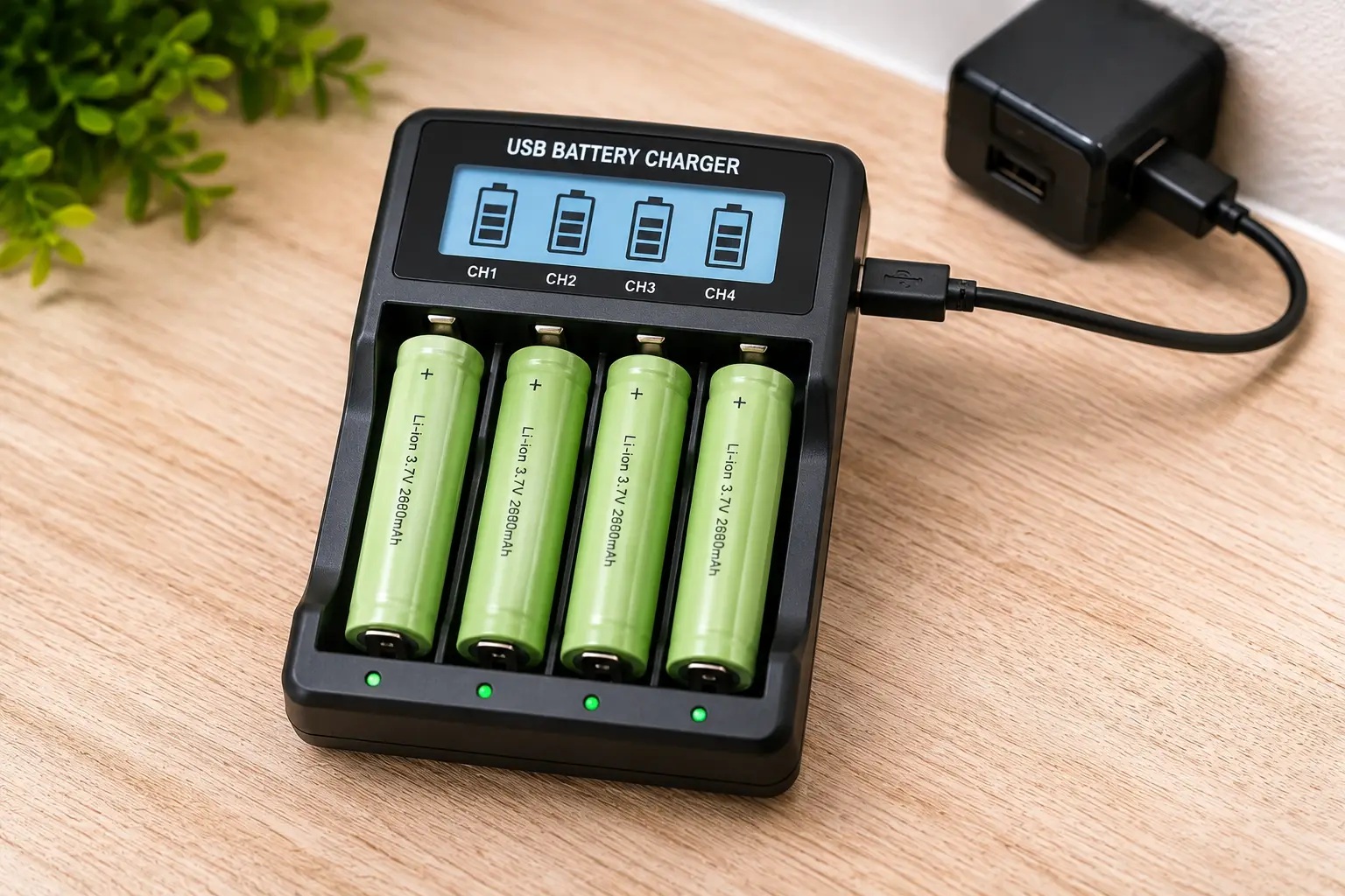 USB battery charger with rechargeable batteries and charging indicators on a desk