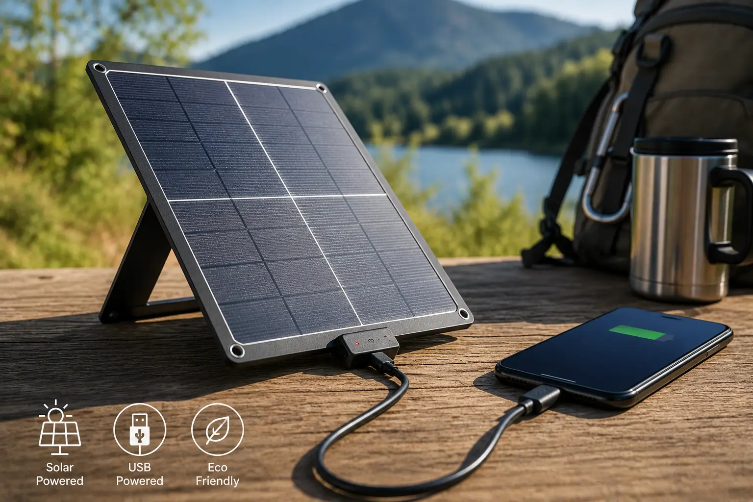 USB powered solar panel charging a smartphone outdoors with sunlight for convenient portable power.