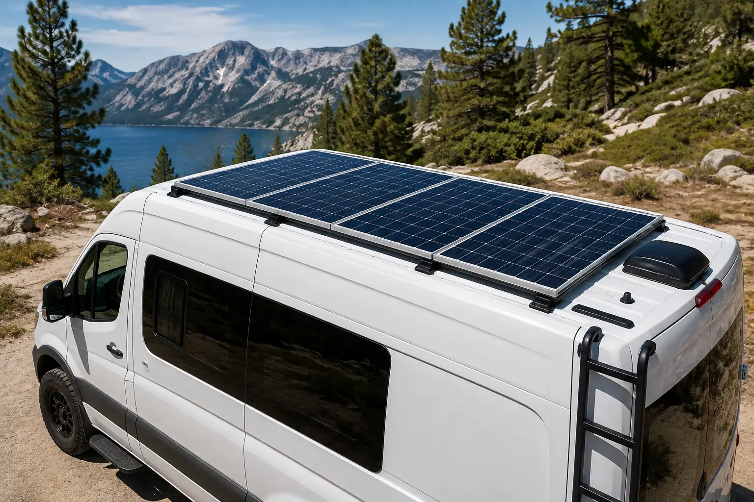 Van solar panels installed on the roof of a white camper van in a sunny mountain setting