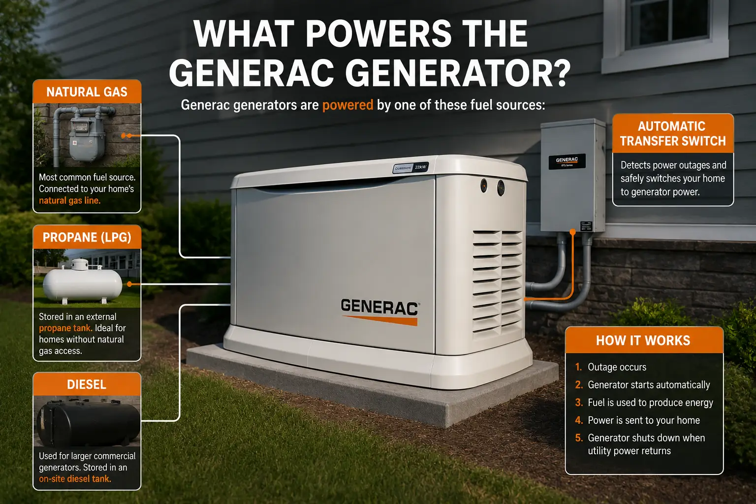 Generac standby generator showing natural gas and propane fuel sources for home backup power