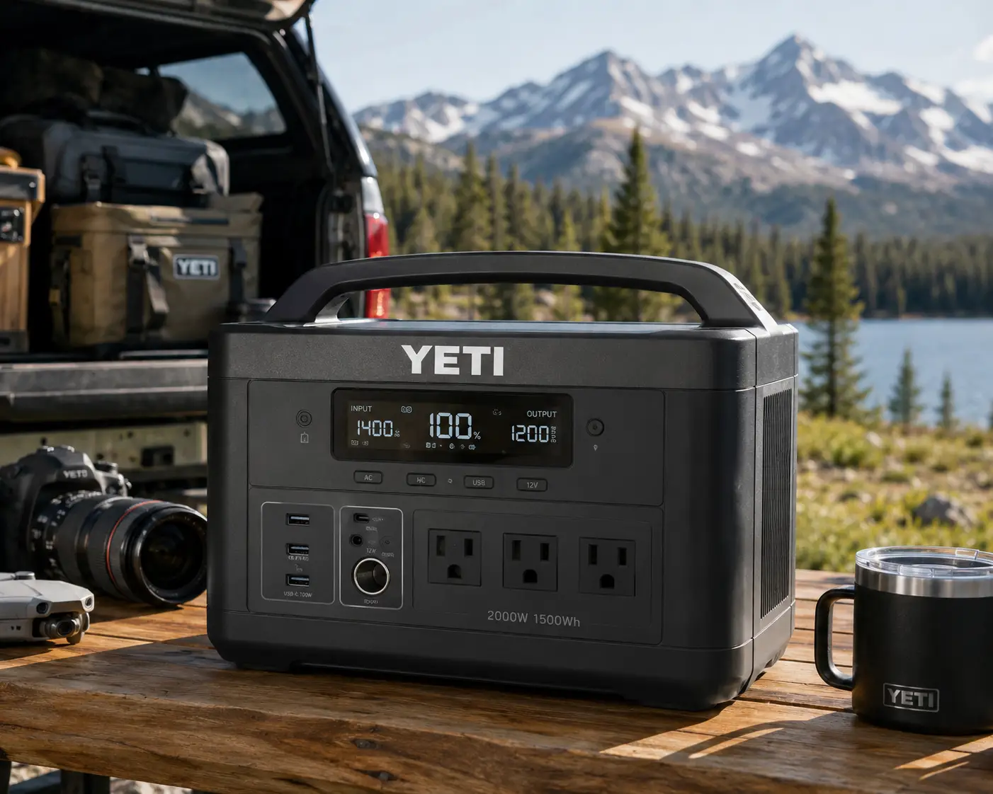 YETI portable power station on a camping table beside outdoor gear with a mountain lake in the background