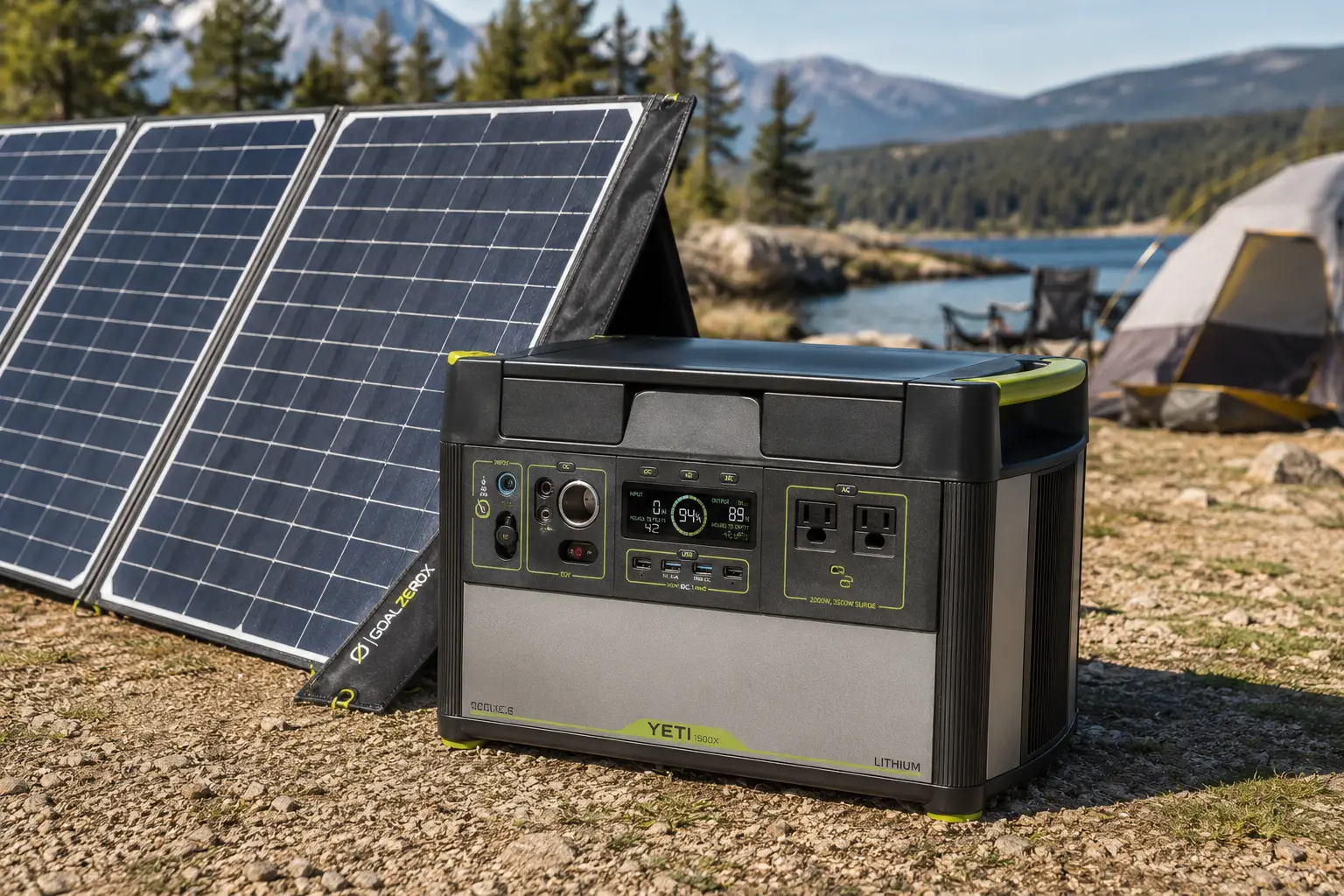 YETI solar generator connected to portable solar panels at an outdoor campsite