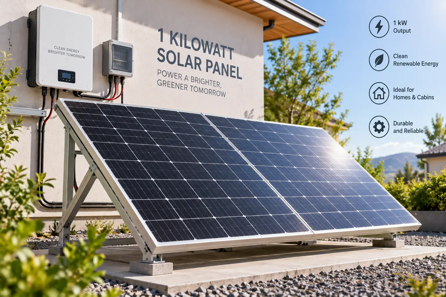 1 kilowatt solar panel system installed on a ground-mounted frame beside a modern home