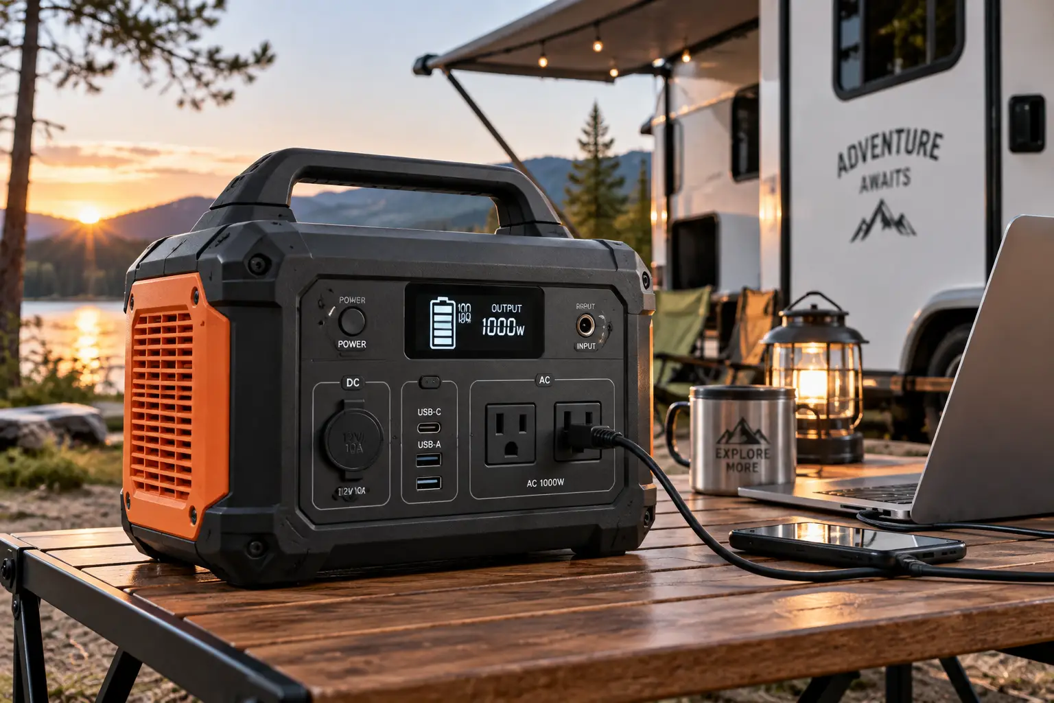 1000W generator providing portable power for a laptop and devices at a campsite