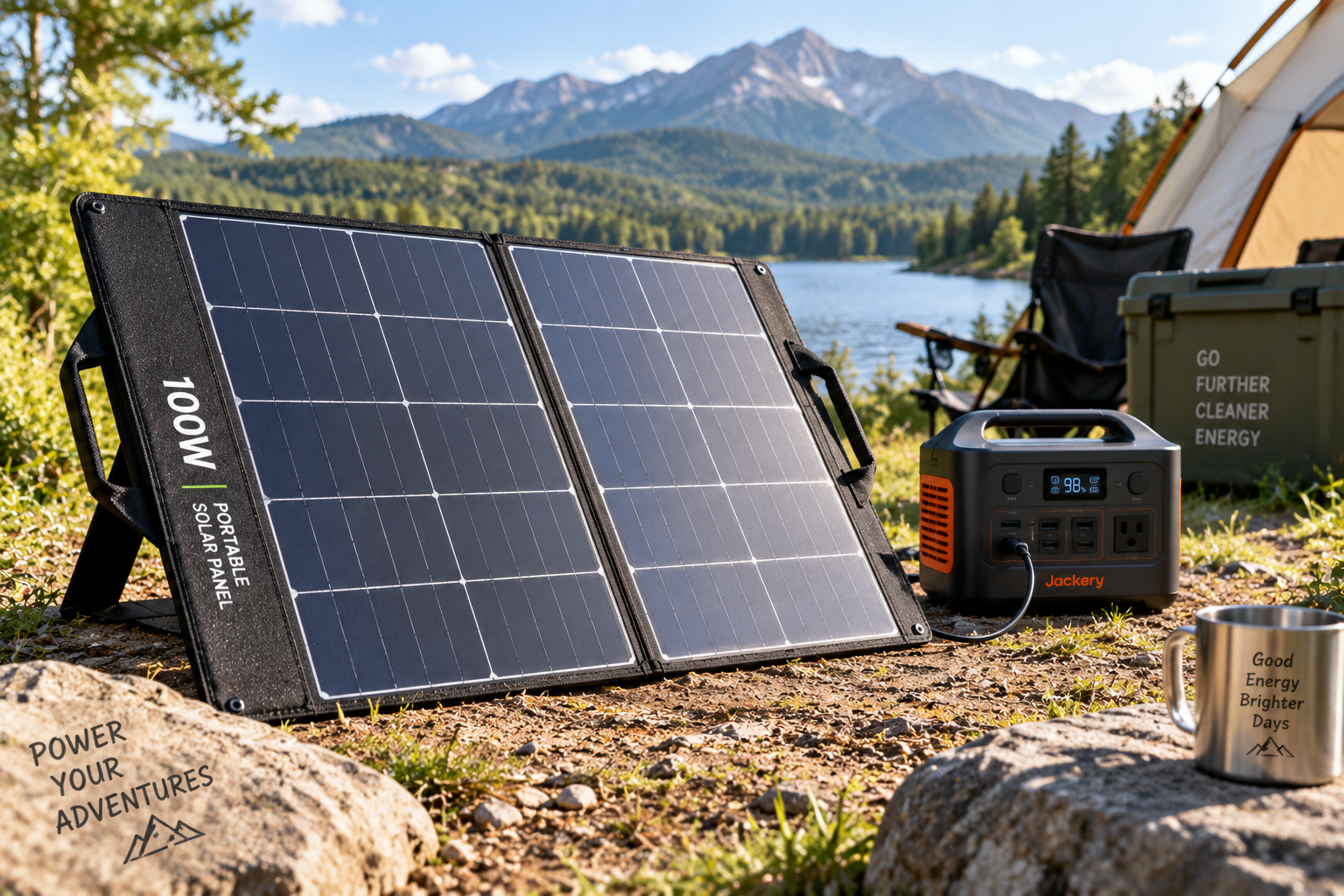 100W portable solar panel charging a power station at a scenic campsite beside a lake