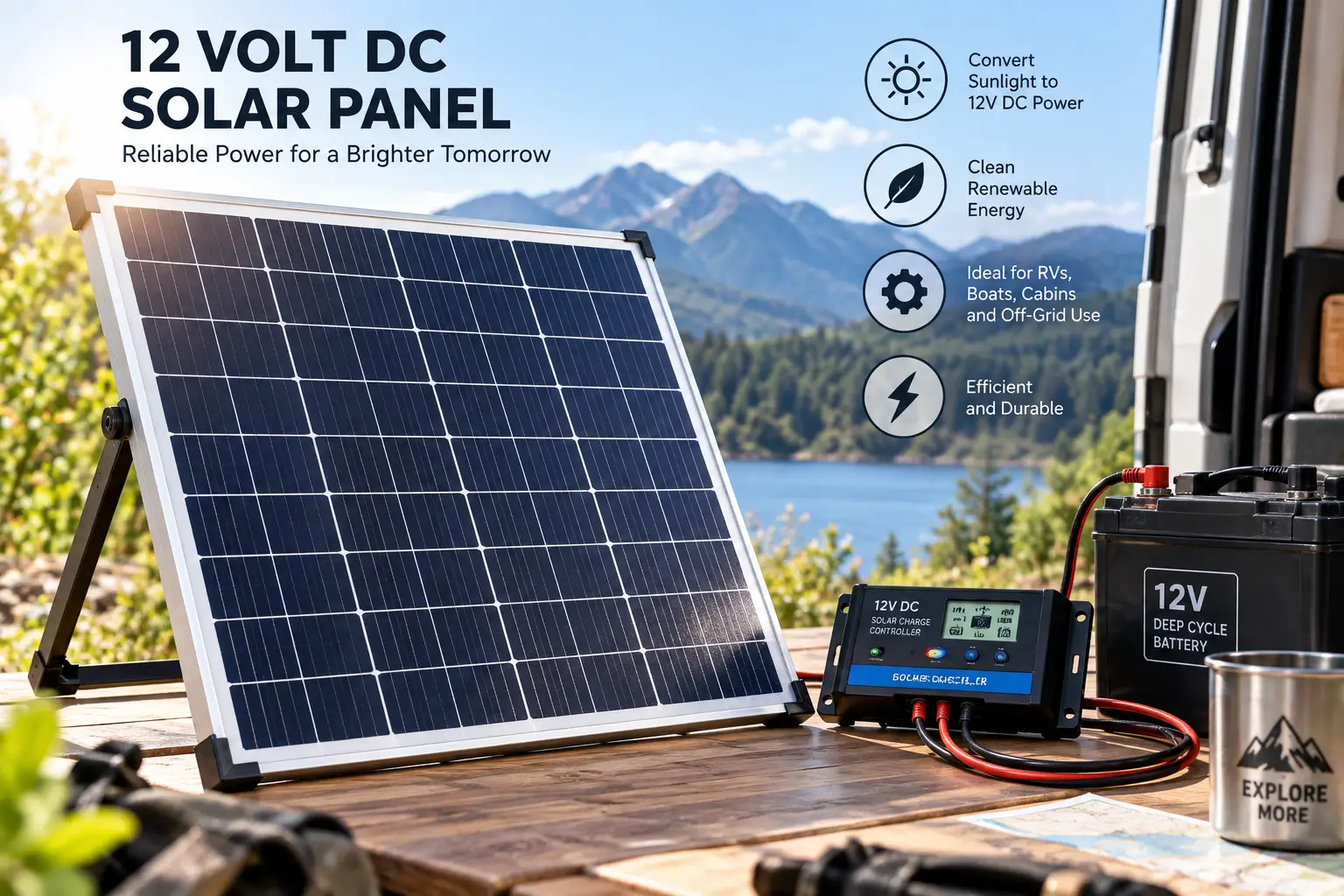 12 volt DC solar panel providing renewable power for RVs and off-grid applications