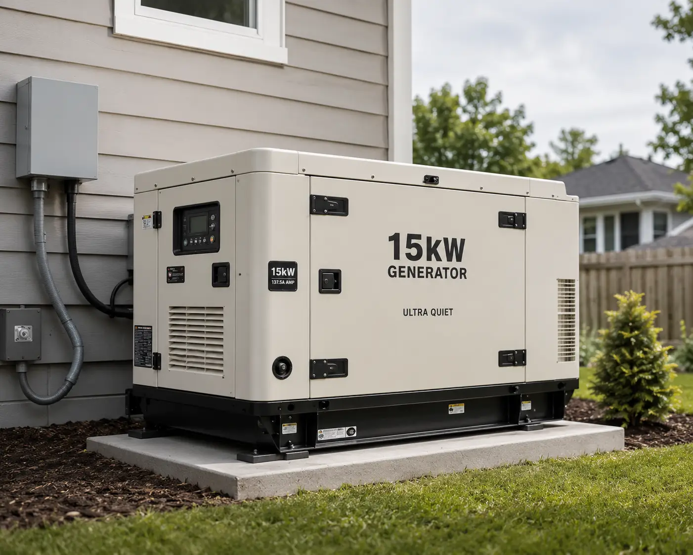 15kW generator installed beside a home for reliable backup power