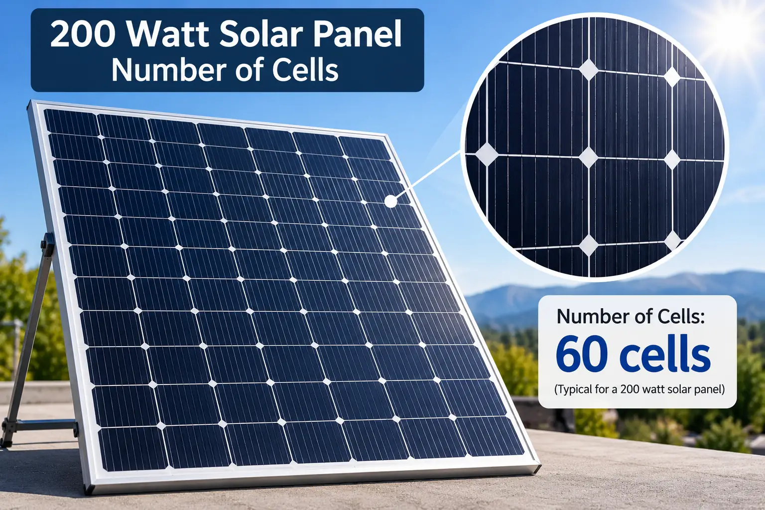 200 watt solar panel showing its photovoltaic cell layout and typical number of solar cells