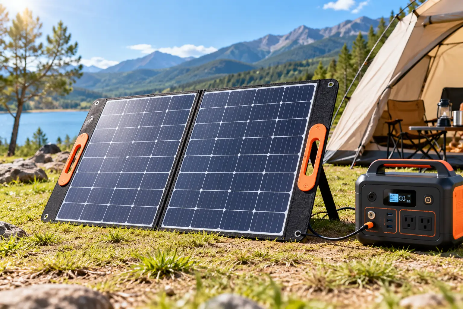 200W portable solar panels connected to a power station at a sunny lakeside campsite