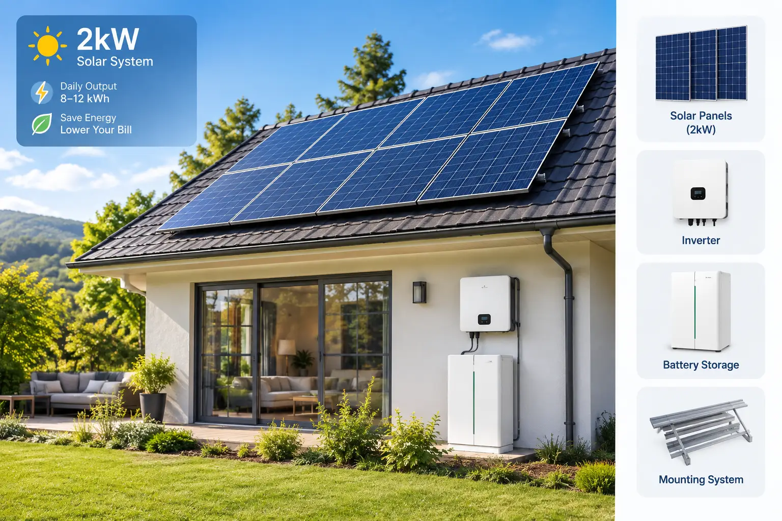 2kW solar system installed on a modern home roof with solar panels, inverter, and battery storage in natural sunlight.