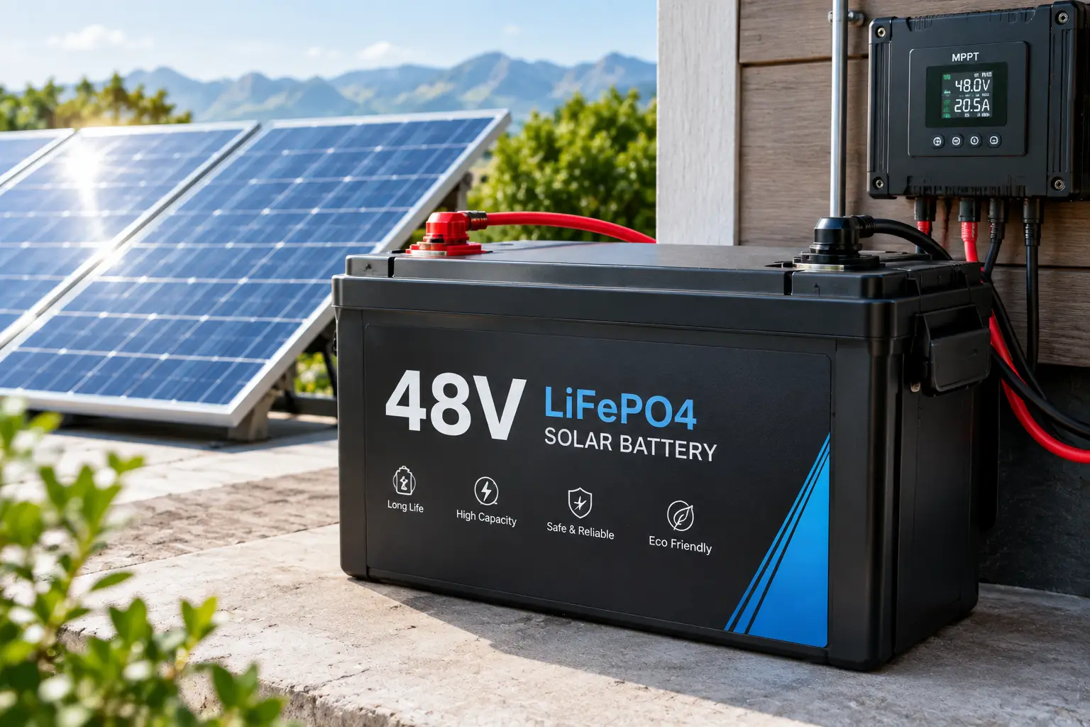 48v solar battery connected to solar panels and an MPPT controller for renewable energy storage