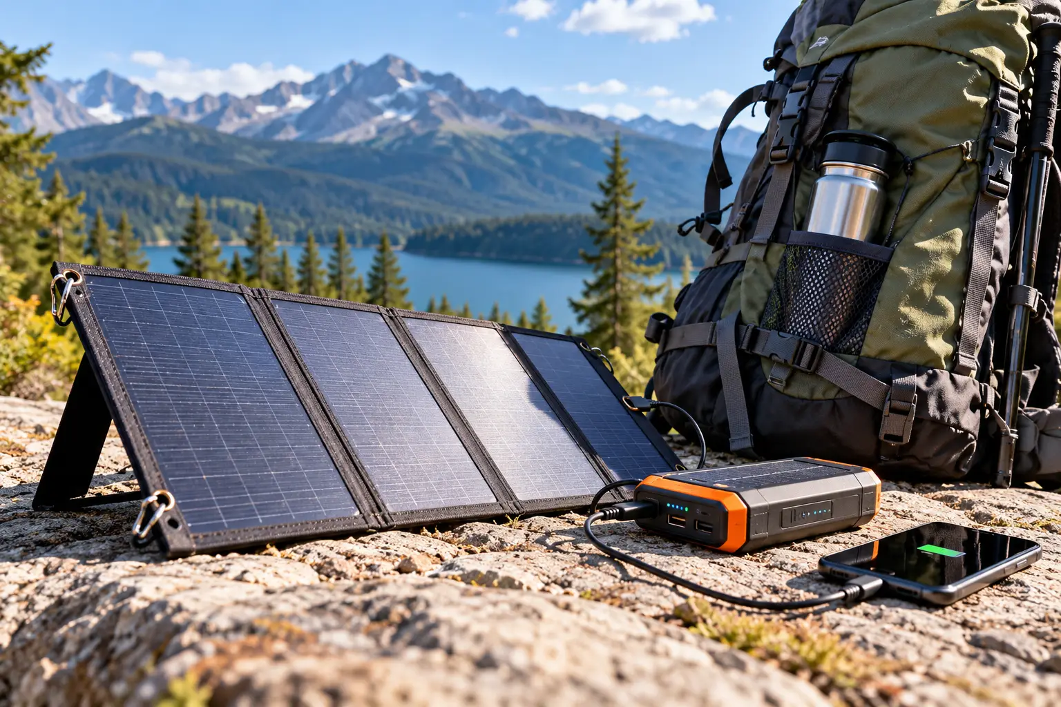 Backpacking solar power setup with a foldable solar panel, portable power bank, and smartphone beside a hiking backpack