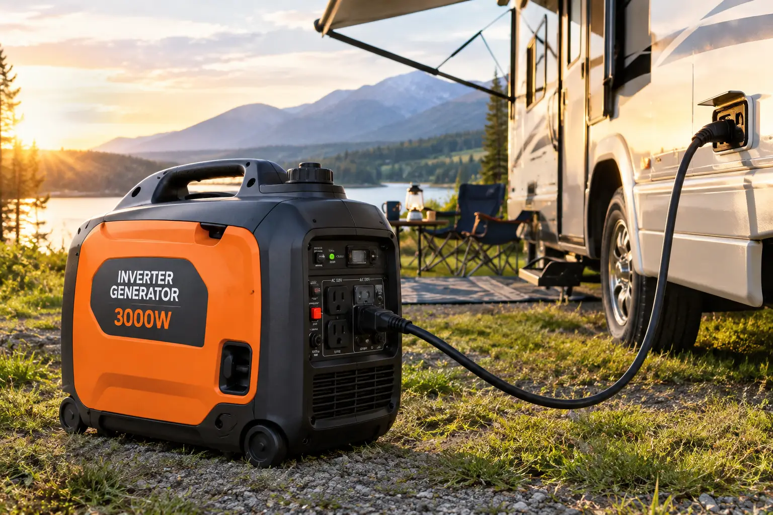 Best inverter generator for RV camping with a portable 3000W generator powering a recreational vehicle