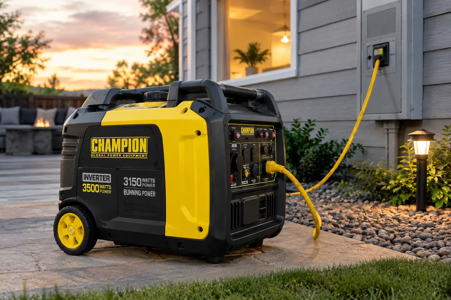 Inverter generator providing home backup power beside a house at sunset, with a power cable connected to the electrical panel