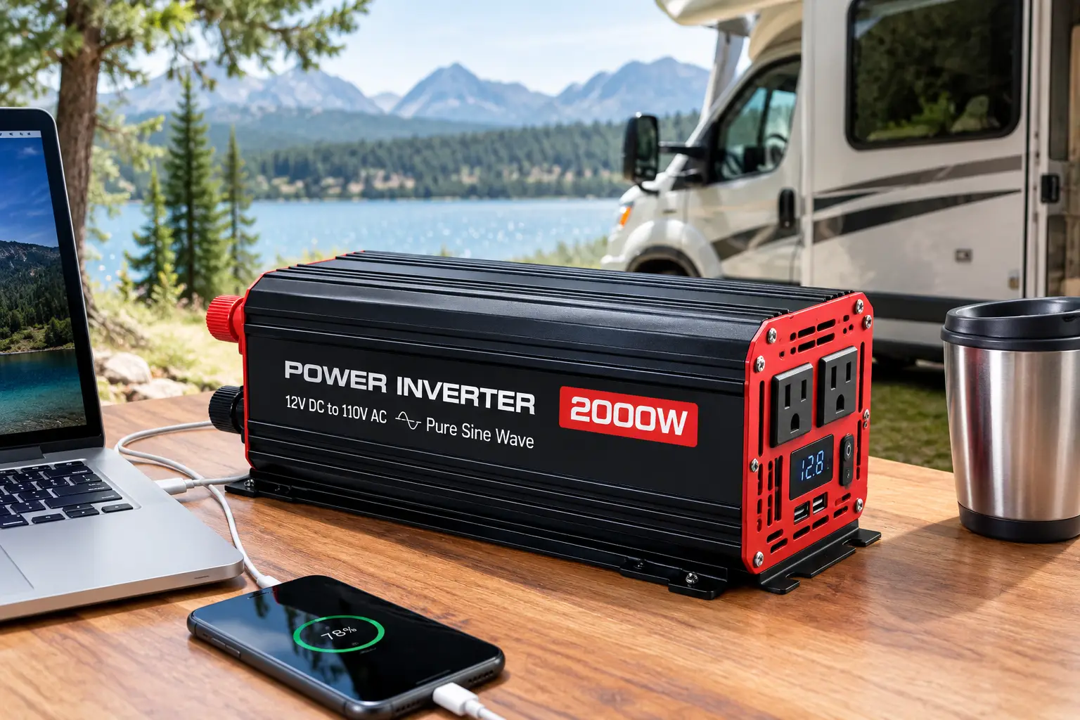Best power inverter for RV use with a 2000W pure sine wave inverter beside a campervan