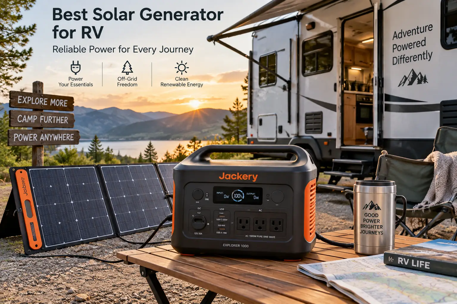 Best solar generator for RV camping with portable solar panels powering an RV at a scenic campsite