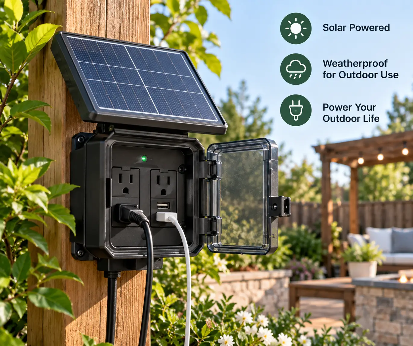 Outdoor solar powered plug outlet with weatherproof cover and integrated solar panel