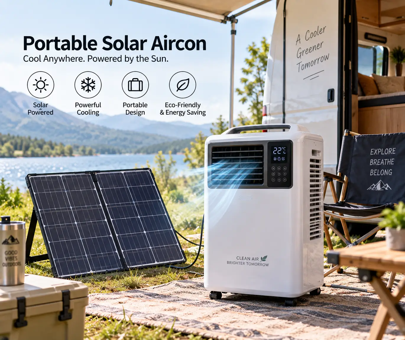 Portable solar aircon cooling an outdoor campsite beside a foldable solar panel and RV
