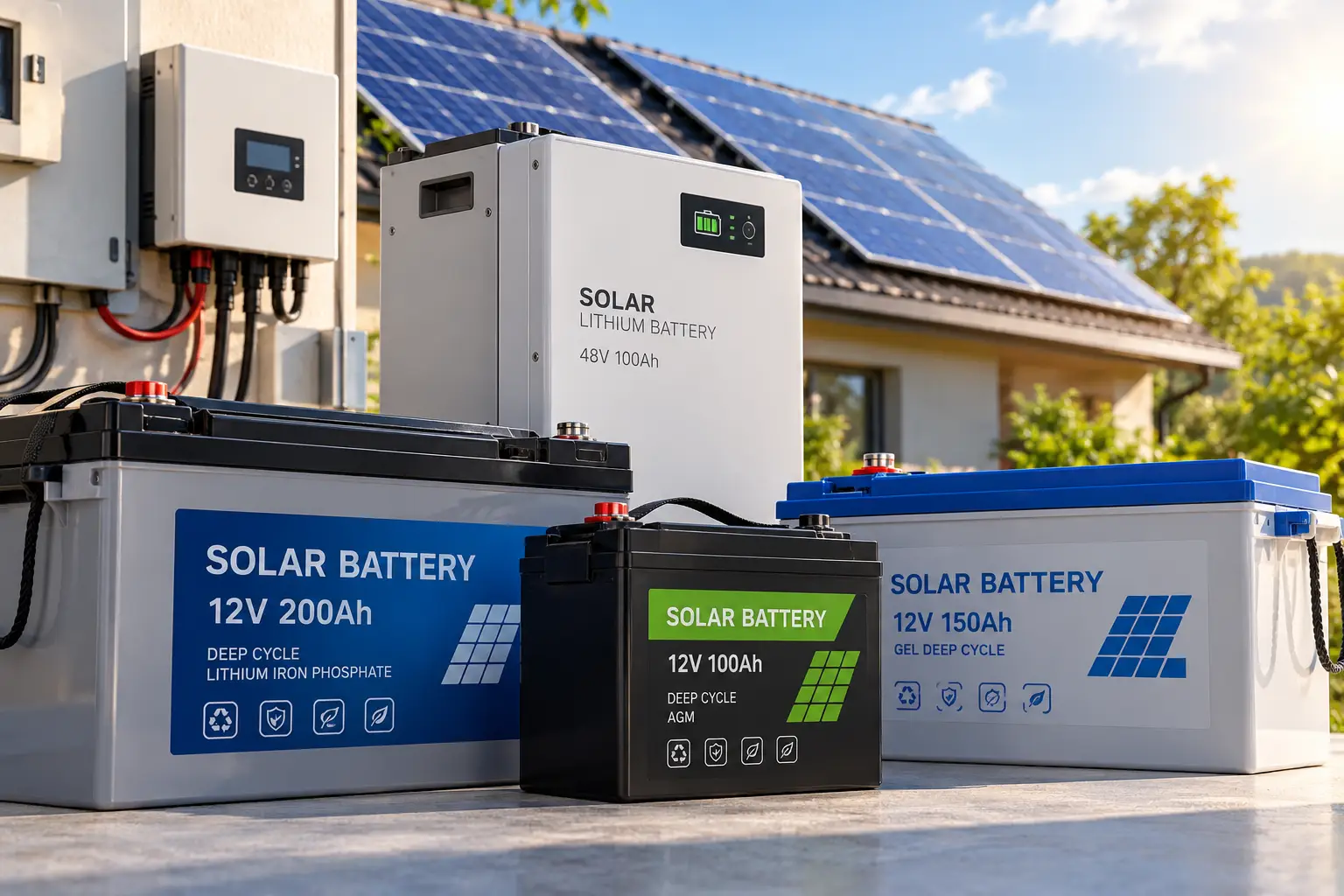 Solar batteries for renewable energy storage installed alongside a home solar panel system in bright natural light.