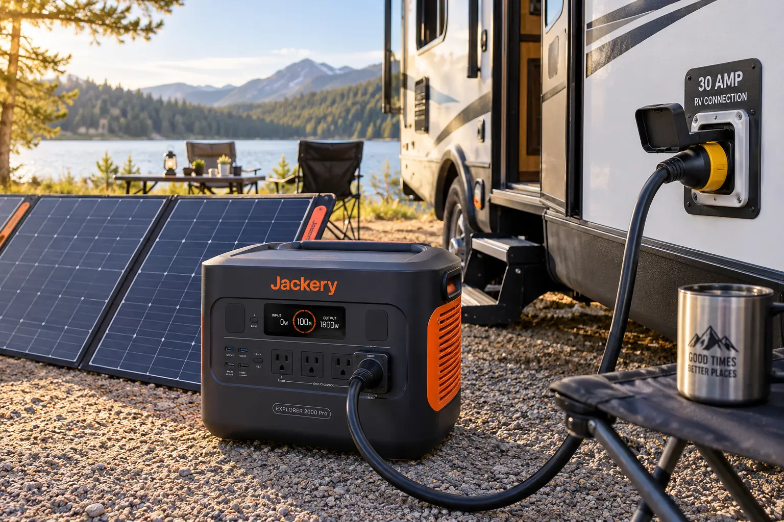 Solar generator for RV 30 amp connection with portable solar panels at a lakeside campsite