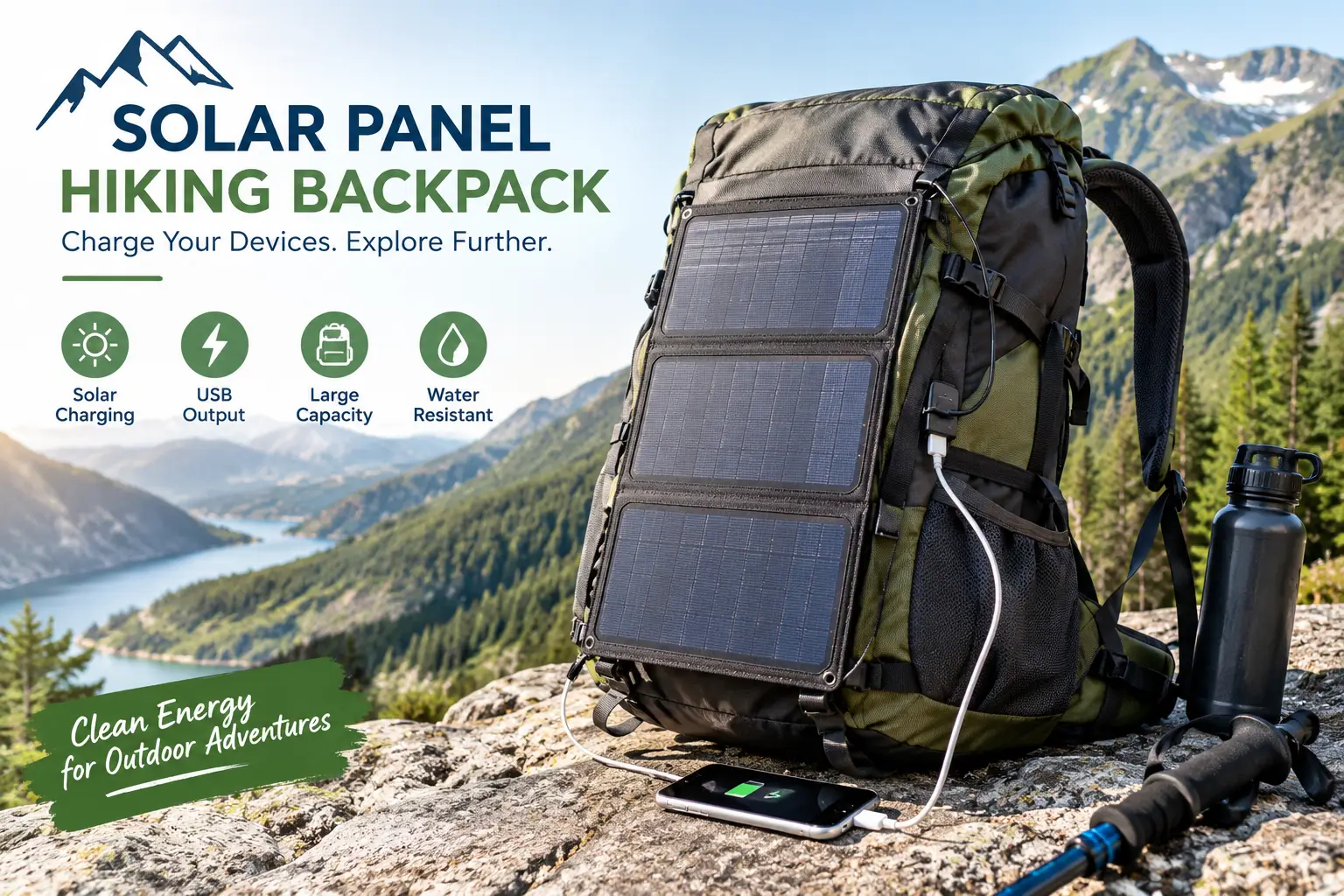 solar panel hiking backpack with integrated solar panels charging a smartphone on a mountain trail