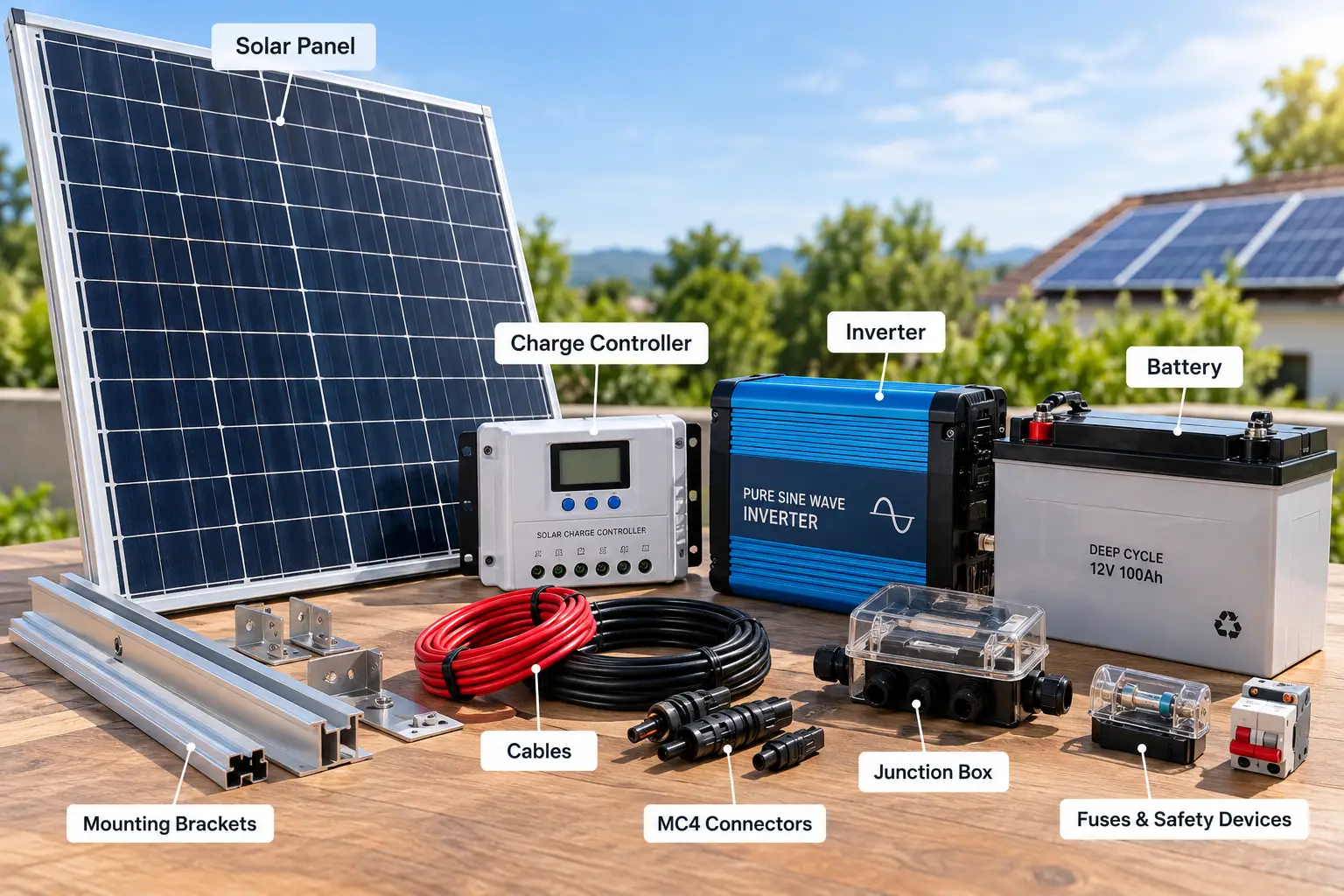 Solar panel parts and components including an inverter, battery, charge controller, cables, connectors, and mounting hardware