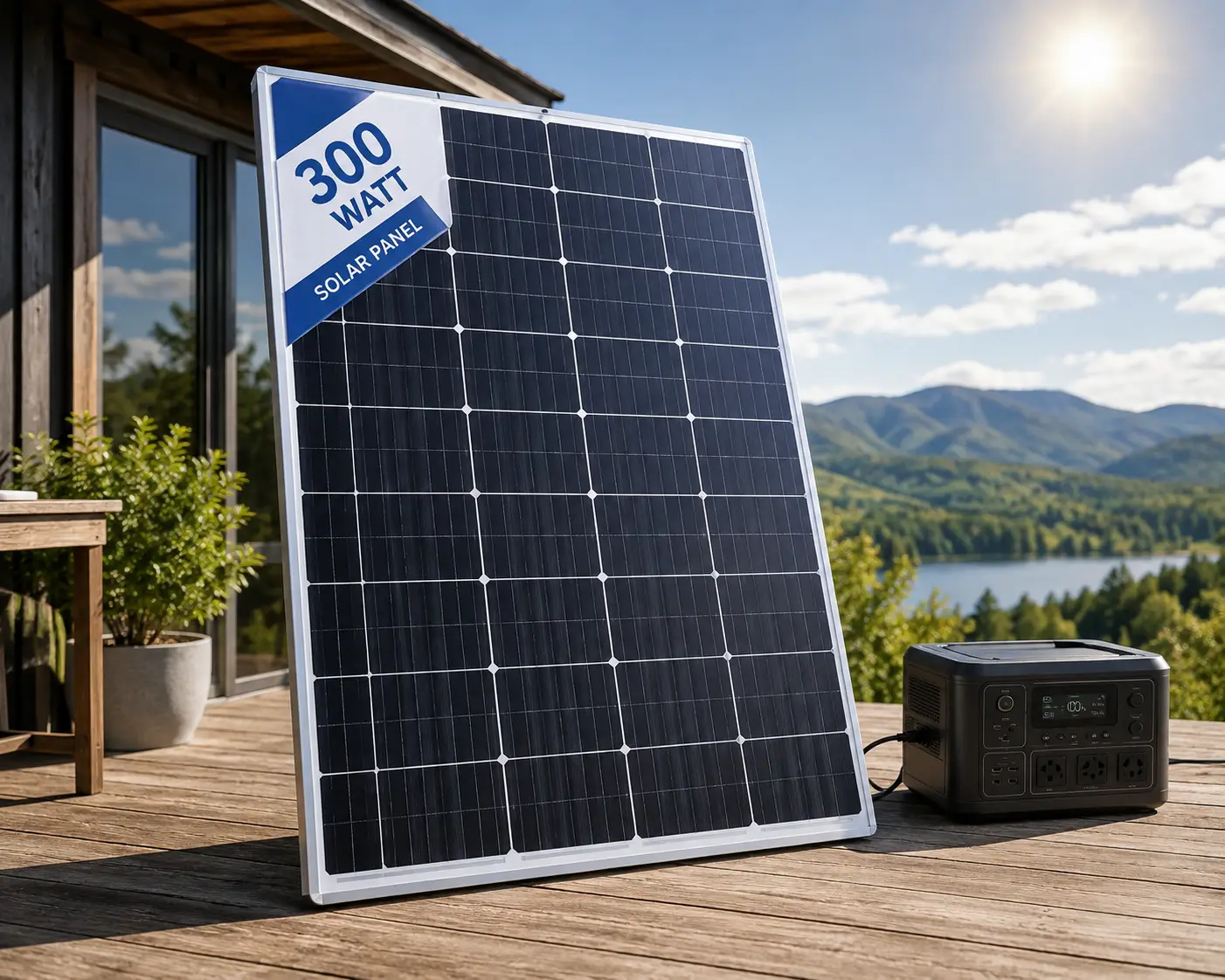 300 watt solar panel generating renewable energy for an off-grid power system