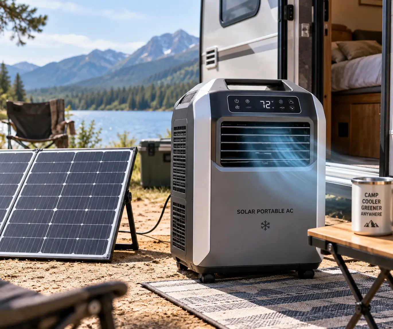 Solar portable AC running beside a foldable solar panel at an RV campsite with cool airflow