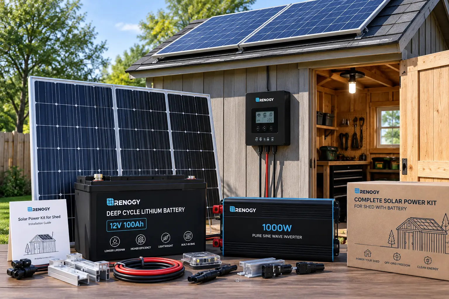 Solar power kit for shed with battery, solar panels, inverter, and charge controller for off-grid power
