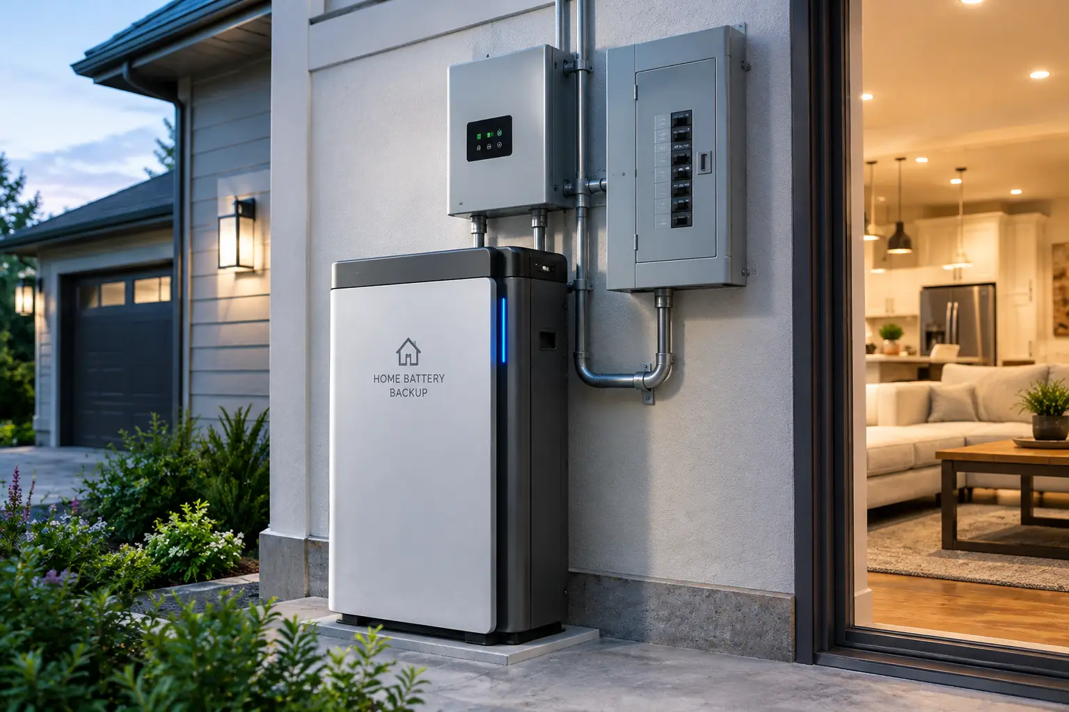 Whole house battery backup without solar installed beside a modern home with electrical panels and indoor power support