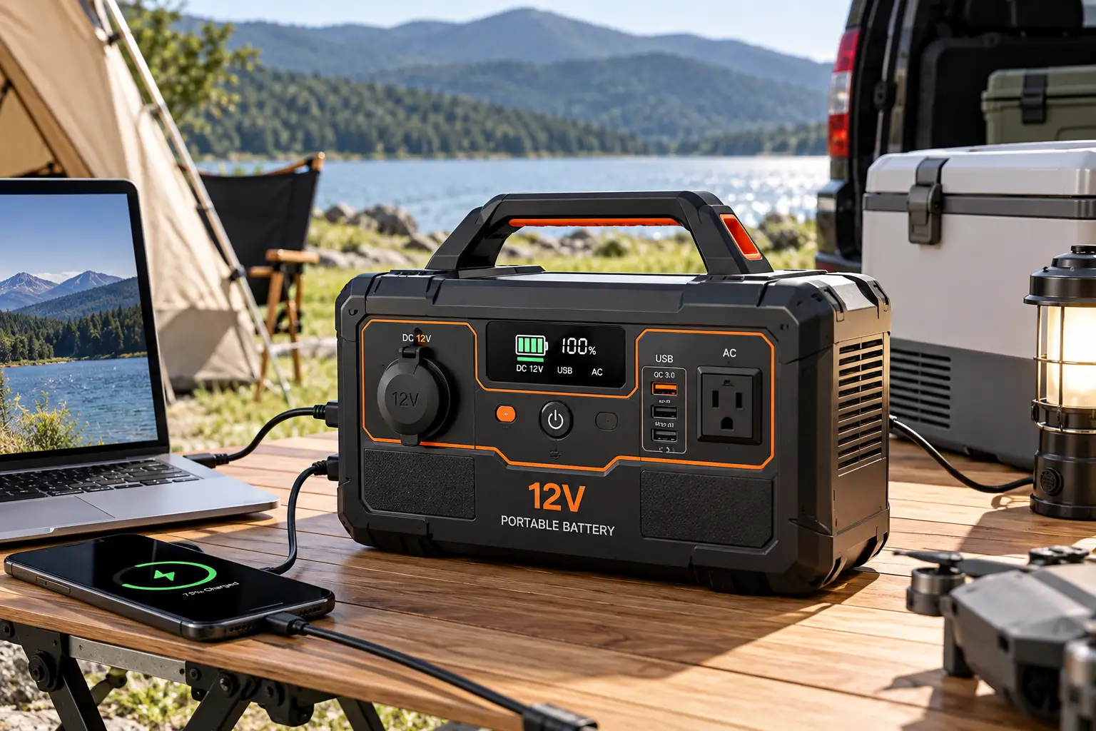 A 12V portable battery power station with USB and AC outlets charging electronic devices at a sunny lakeside campsite.