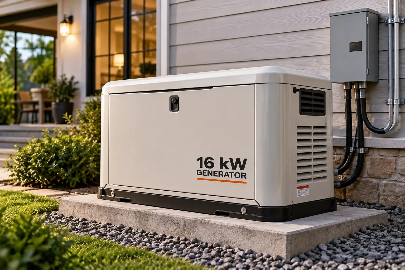 16 kW standby generator installed on a concrete pad beside a modern home, featuring a weather-resistant enclosure and electrical connections for reliable backup power during outages.