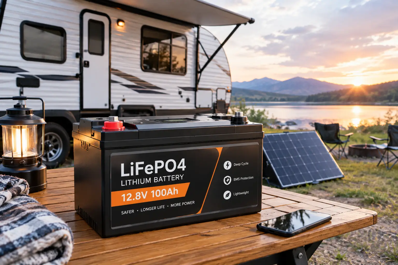 Best battery for camper trailer shown as a LiFePO4 deep-cycle battery powering an off-grid camping setup with a solar panel.