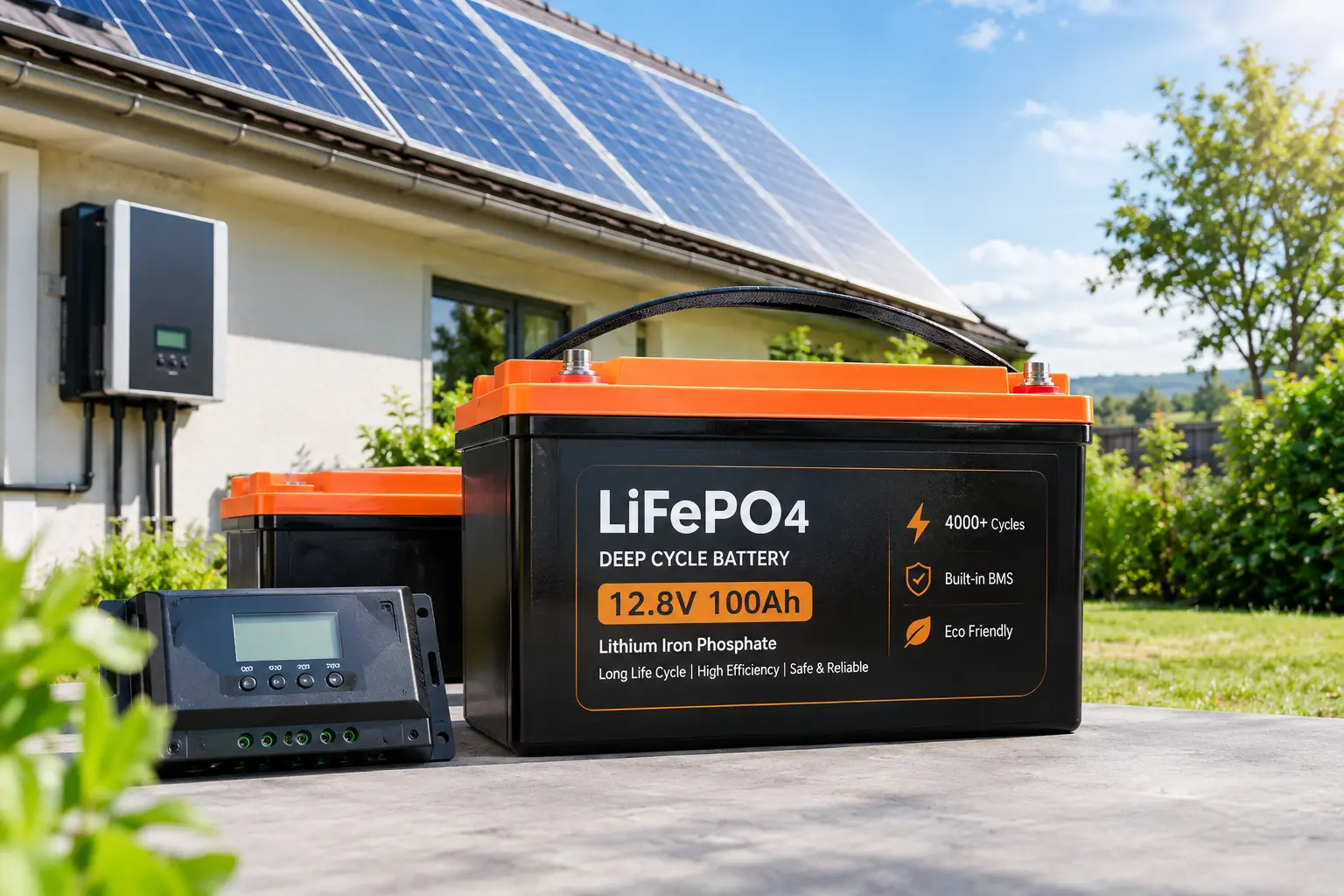 Best battery for solar panels shown as a LiFePO4 deep cycle battery beside a residential solar power system