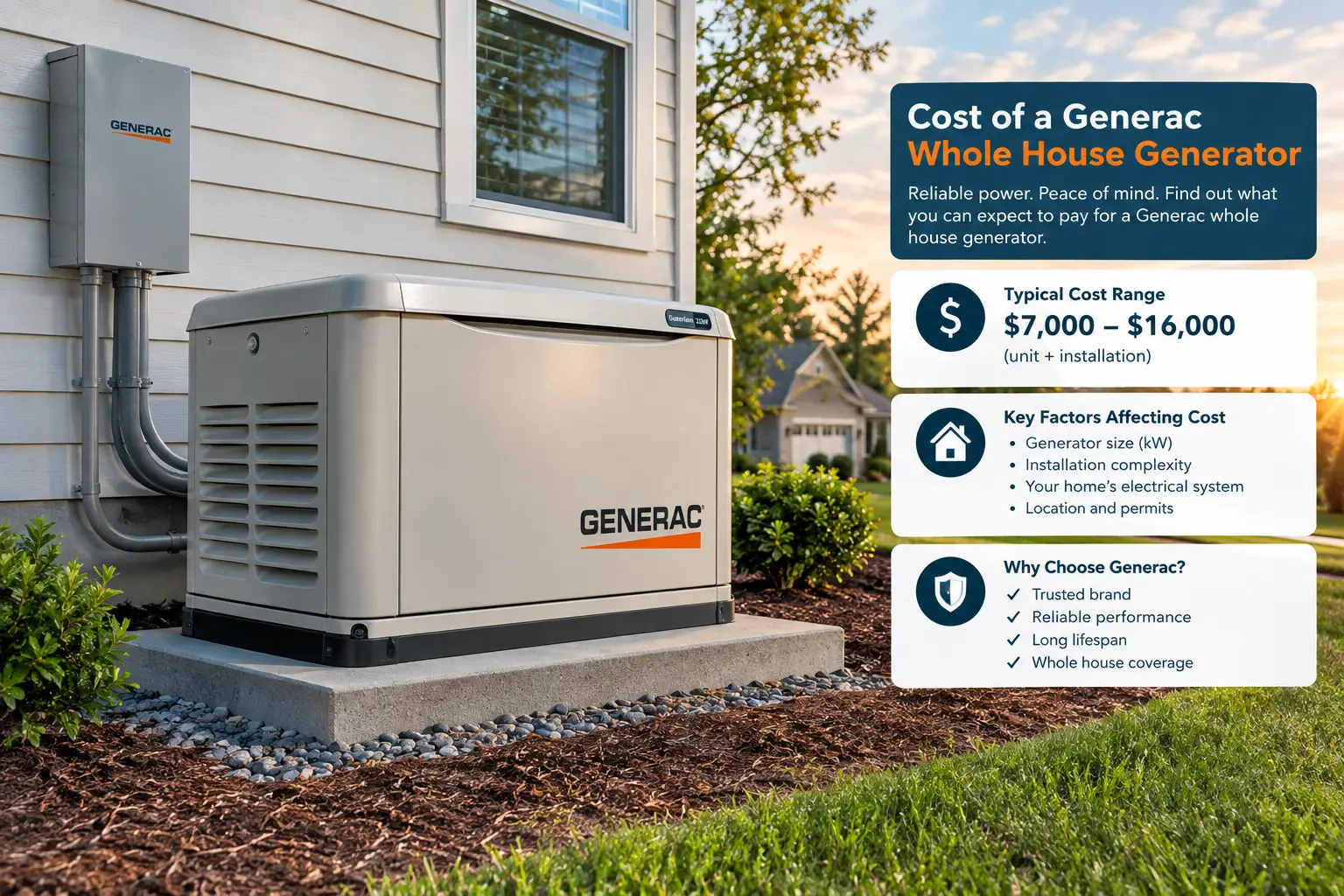 Cost of a Generac whole house generator shown with a standby generator installed beside a home and typical installation cost factors.