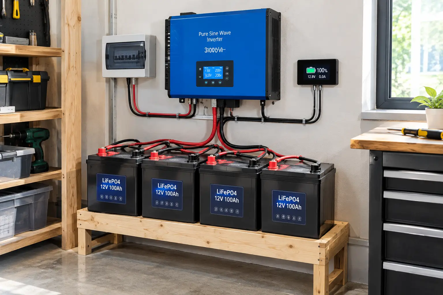 DIY home battery backup system with LiFePO4 batteries, inverter, and energy monitor in a garage workshop