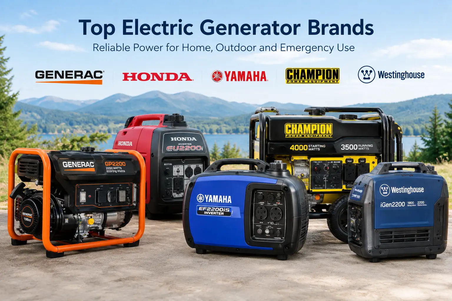 Electric generator brands comparison featuring Generac, Honda, Yamaha, Champion, and Westinghouse portable generators outdoors.