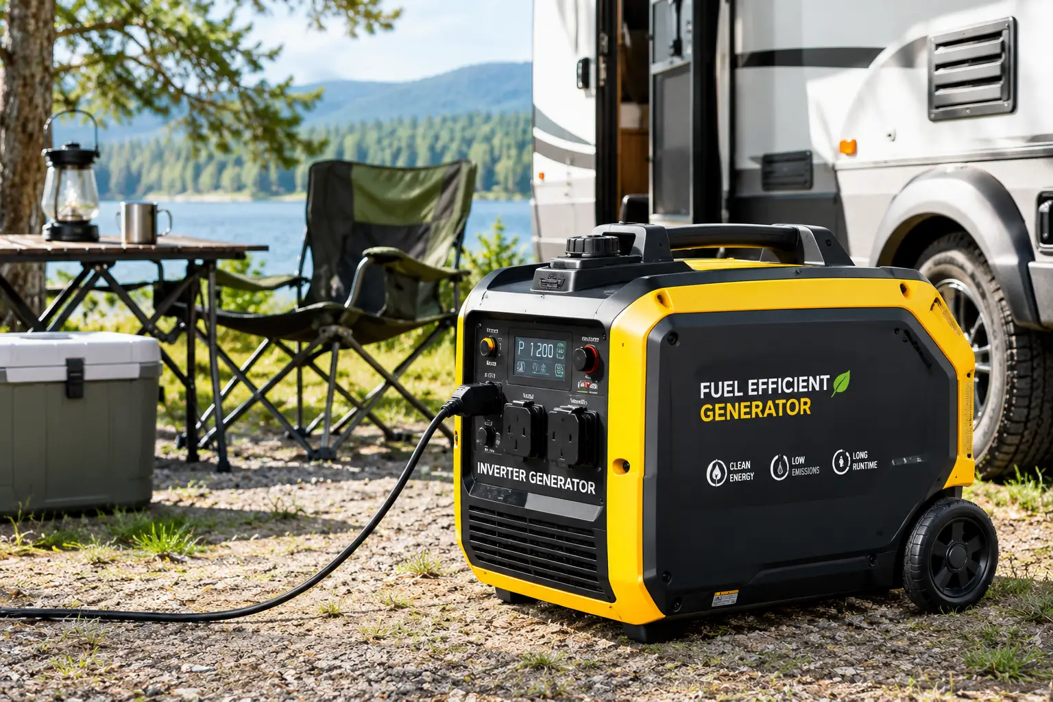 Fuel efficient generator with a compact inverter design at an outdoor campsite beside an RV, ready to provide portable backup power