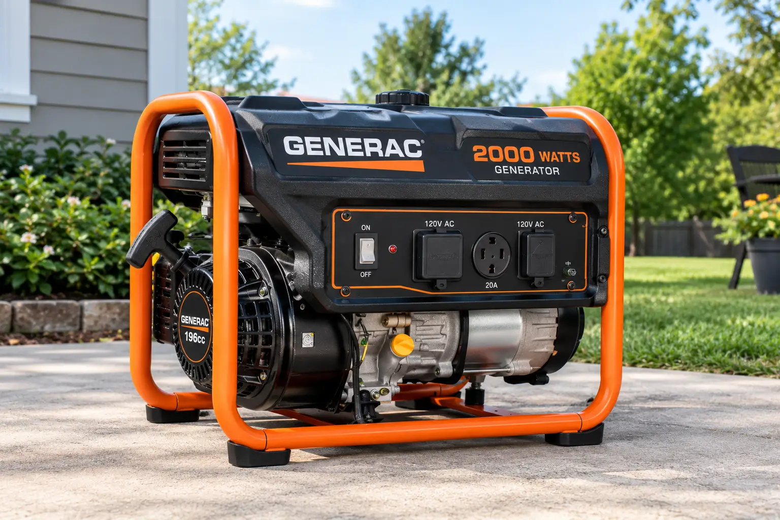 Generac 2000 generator shown outdoors on a concrete driveway, featuring its orange protective frame, 196cc engine, control panel, and 120V AC outlets in natural daylight.