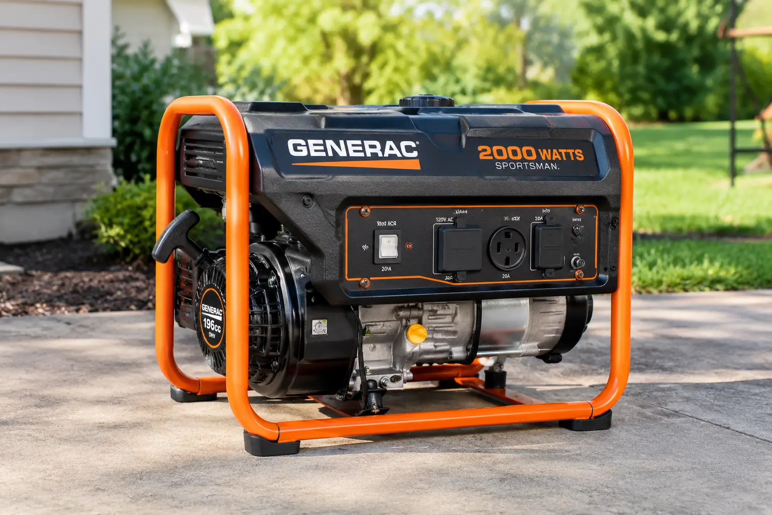 Generac 2000 watt generator shown outdoors on a concrete surface in natural daylight, featuring its black and orange frame, engine, fuel tank, and control panel.
